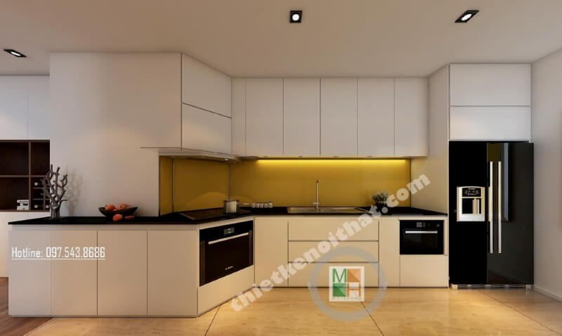 Lựa chọn 2 tone màu đen và trắng đóng vai trò chủ đạo, mẫu thiết kế nội thất phòng bếp chung cư mang lại cảm giác sang trọng và tinh tế hơn bao giờ hết Nội thất phòng bếp