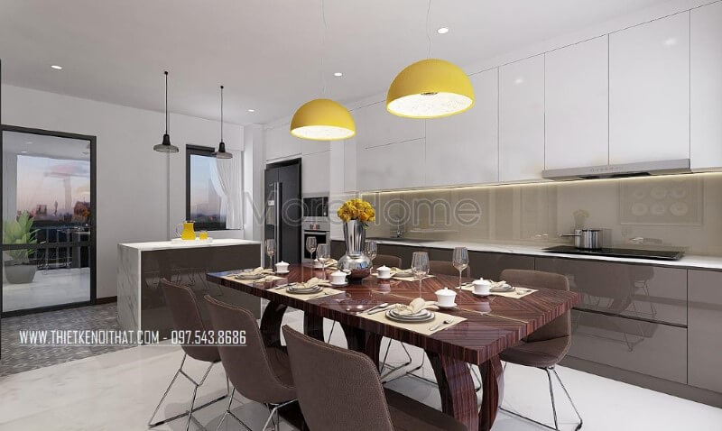 Bộ bàn ghế phòng ăn gỗ nguyên tấm trầm 6 ghế màu kết hợp cùng tone sáng từ tủ bếp tạo nên vẻ đẹp hài hòa, sang trọng cho phòng bếp hiện đại. Nội thất phòng bếp