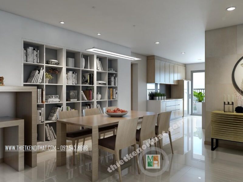 Thiết kế bàn ăn đẹp mang tông màu veneer nâu sữa phù hợp với phong cách thiết kế của căn nhà.